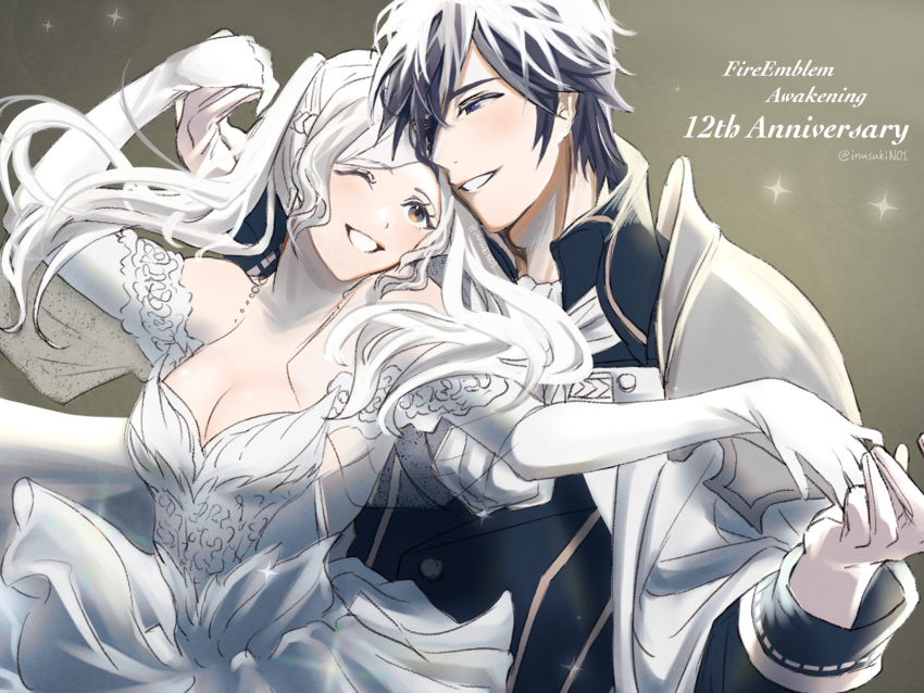 1boy 1girl anniversary armor blue_hair breasts chrom_(fire_emblem) cleavage couple dancing dress fire_emblem fire_emblem_awakening happy highres holding_hands inusukino1 one_eye_closed robin_(female)_(fire_emblem) robin_(fire_emblem) shoulder_armor smile twintails upper_body white_dress white_hair