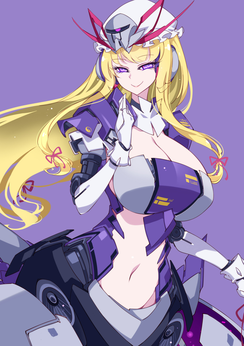 adapted_costume armor armored_dress breasts cleavage closed_mouth clothing_request dress gloves groin happy highres large_breasts long_hair midriff navel purple_background purple_dress purple_eyes raptor7 red_ribbon ribbon seductive_smile sidelocks simple_background smile stomach touhou upper_body very_long_hair white_gloves yakumo_yukari