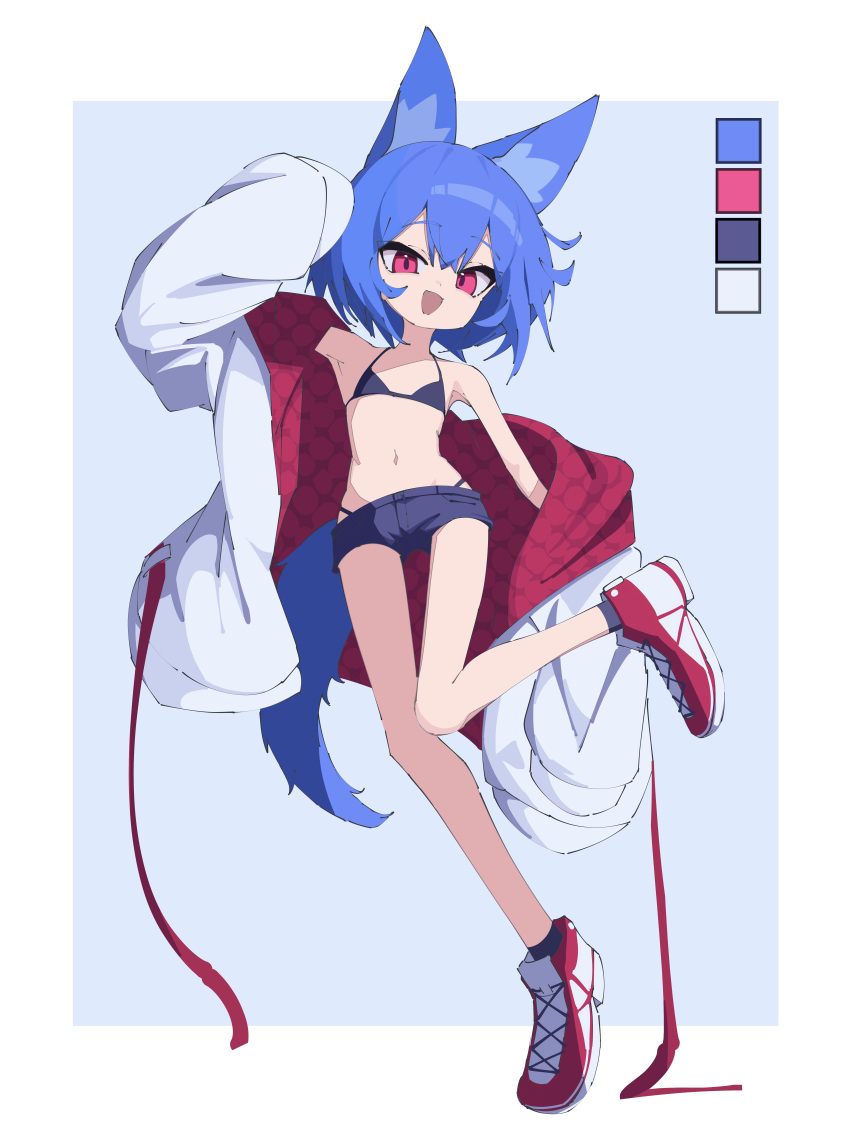 1girl :d absurdres animal_ear_fluff animal_ears arm_at_side arm_up armpits bikini blue_hair child color_guide fox_ears fox_girl fox_tail full_body highres jacket leg_up looking_at_viewer miya_(myakuro) myakuro off_shoulder open_mouth original red_eyes shoes short_hair short_shorts shorts slit_pupils smile sneakers solo standing standing_on_one_leg string_bikini swimsuit tail thigh_gap white_jacket