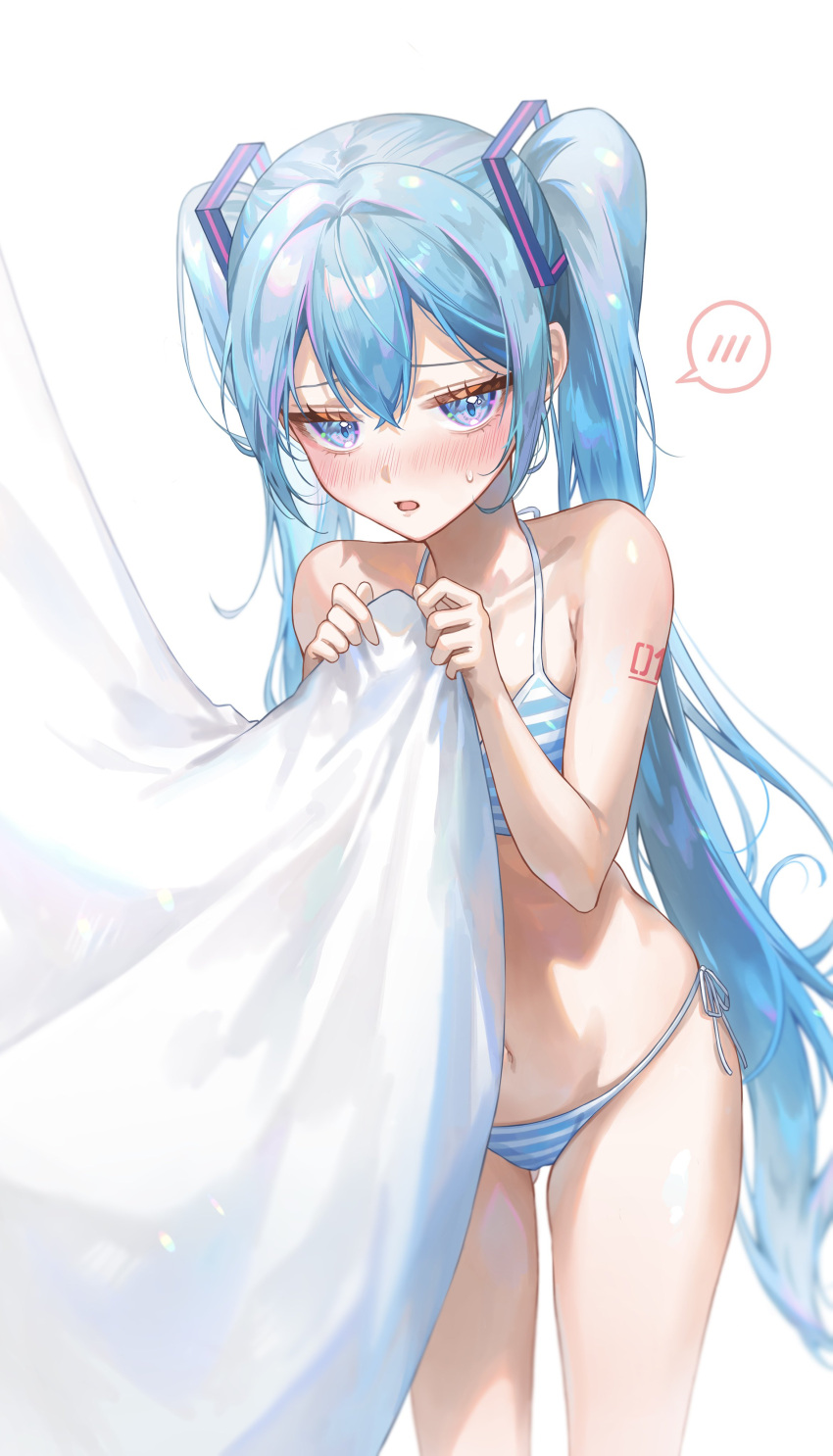 absurdres behind_curtains blue_hair blush breasts curtain_grab curtains hair_ornament hatsune_miku highres kinakomocci518 long_hair navel panties side-tie_panties simple_background small_breasts striped_clothes striped_panties twintails underwear white_background