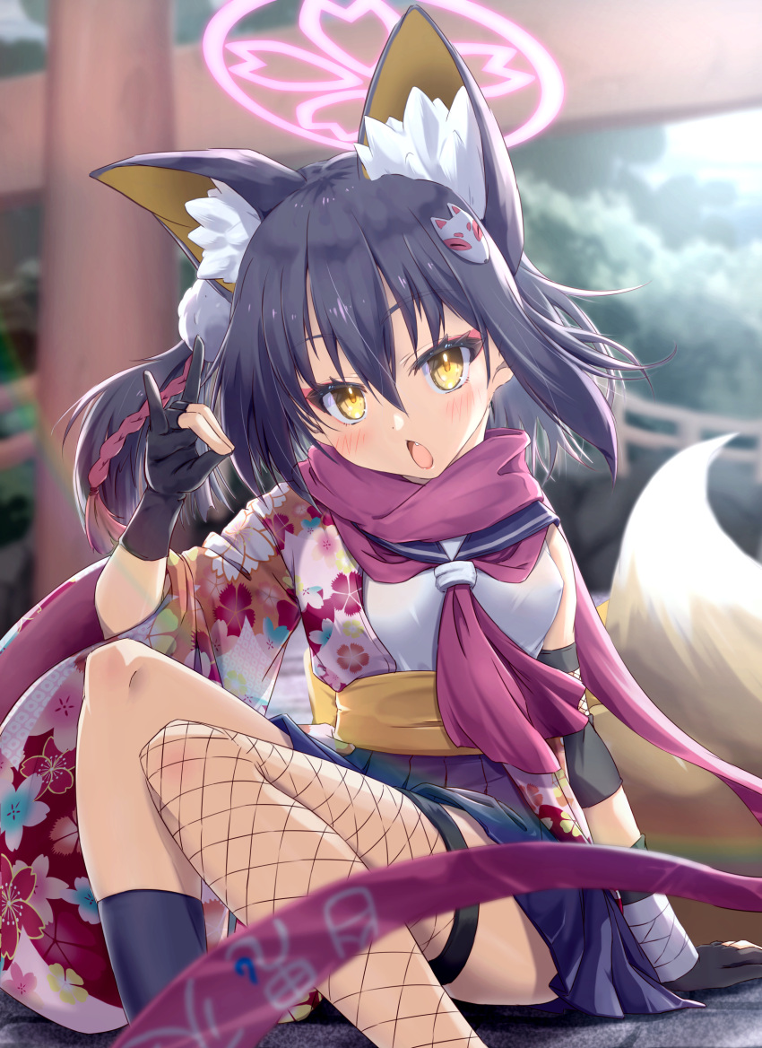 1girl absurdres animal_ear_fluff animal_ears arm_support asymmetrical_legwear black_skirt black_socks blue_archive blurry chestnut_mouth commentary_request depth_of_field eyeshadow fang fishnet_thighhighs fishnets fox_ears fox_girl fox_hair_ornament fox_shadow_puppet fox_tail hadanugi_dousa hair_between_eyes hair_ornament halo highres izuna_(blue_archive) japanese_clothes kneehighs knees_together_feet_apart knees_up long_hair long_sleeves looking_at_viewer makeup ninja one_side_up outdoors pleated_skirt pom_pom_(clothes) pom_pom_hair_ornament red_eyeshadow red_scarf rope scarf school_uniform serafuku shimenawa sidelocks single_sock single_thighhigh sitting skirt socks solo tail thighhighs tomonx torii tree wide_sleeves