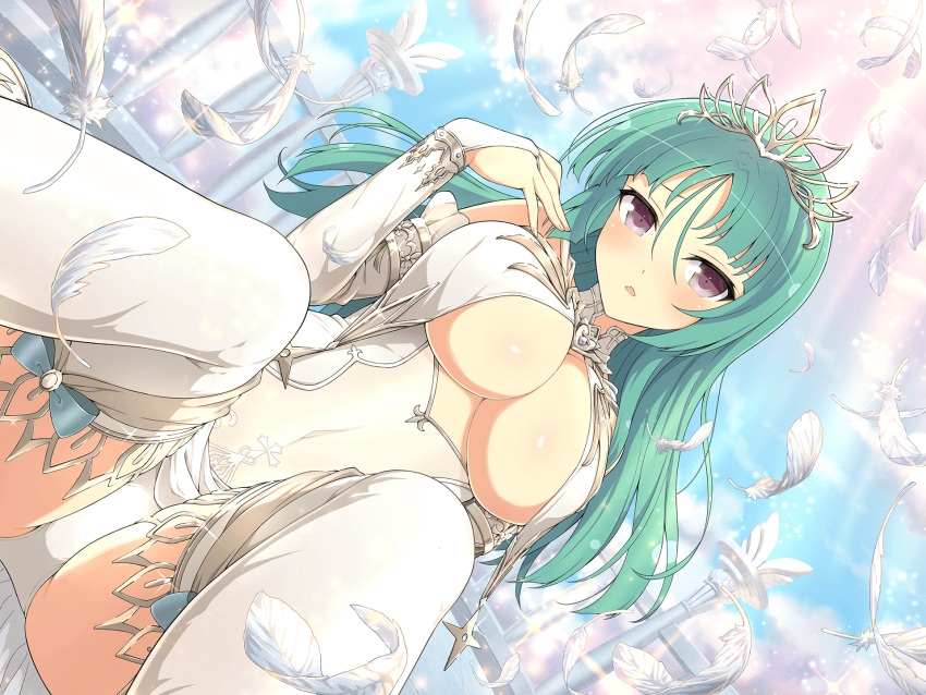 1girl :o bashou_(senran_kagura) blue_ribbon blush breast_curtains breasts bridal_gauntlets cleavage cloud covered_navel detached_sleeves feathers green_hair highres large_breasts looking_at_viewer medium_hair official_art open_mouth panties pantyshot priestess purple_eyes ribbon see-through see-through_shirt senran_kagura senran_kagura_new_link sitting solo spread_legs stone_pillar sunlight tiara underboob underwear white_feathers white_panties