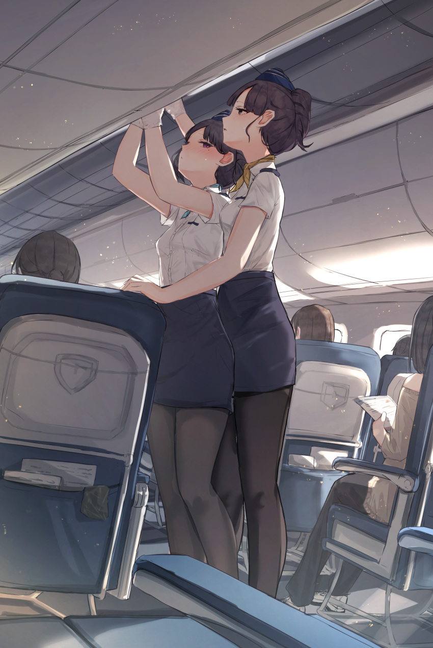 2girls absurdres airplane_interior benevole black_hair black_pantyhose blue_neckerchief blue_skirt blush breasts collared_shirt commentary_request flight_attendant gloves green_eyes highres light_particles medium_breasts mole mole_under_eye multiple_girls neckerchief open_mouth original pantyhose pencil_skirt people purple_eyes shirt short_hair short_sleeves skirt small_breasts sweatdrop travel_attendant white_gloves white_shirt yellow_neckerchief yuri