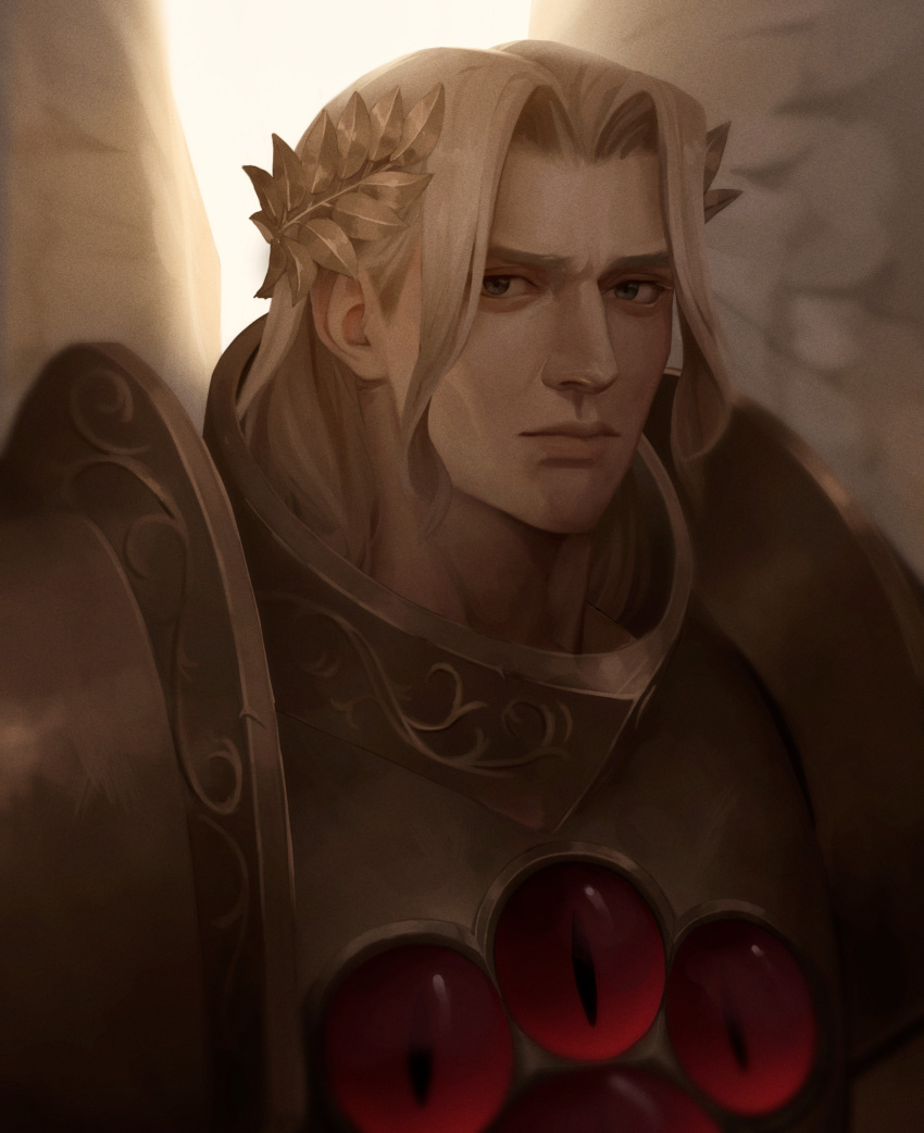 1boy angel angel_wings armor backlighting bhfenomoto blonde_hair blood_angels breastplate closed_mouth commentary english_commentary engraved engraved_armor frown furrowed_brow gem gold_armor grey_eyes highres laurel_crown lips long_hair male_focus ornate_armor parted_hair pauldrons portrait power_armor primarch red_gemstone regalia_resplendent sanguinius shoulder_armor solo warhammer_40k white_wings wings