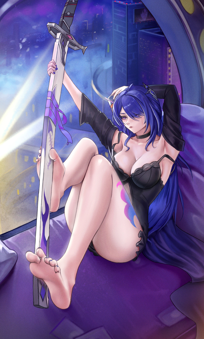 1girl absurdres acheron_(honkai:_star_rail) arm_behind_head armpits bare_legs barefoot bed black_choker breasts choker cleavage detached_sleeves hair_ornament highres holding holding_sword holding_weapon honkai:_star_rail honkai_(series) katana large_breasts leg_tattoo legs long_hair looking_ahead nail_polish off_shoulder on_bed parted_lips puppnet purple_eyes purple_hair purple_nails scabbard sheath sheathed soles solo sword tattoo thighs weapon