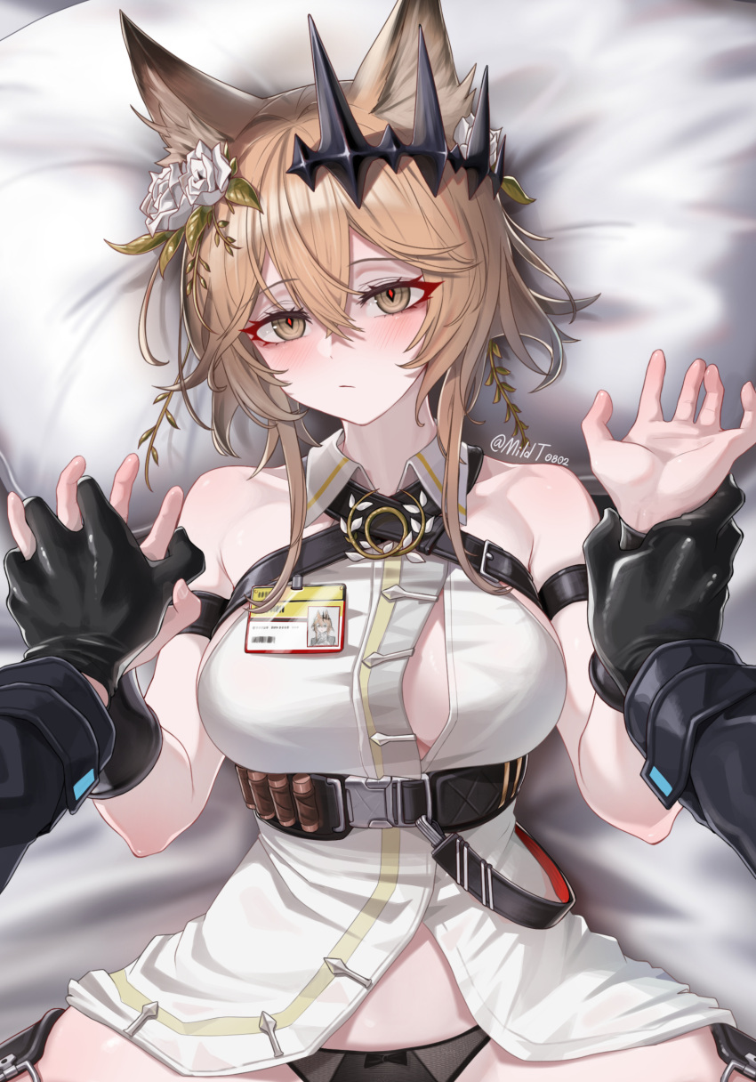 1girl 1other absurdres androgynous animal_ear_fluff animal_ears arknights bare_shoulders black_gloves black_panties blush breasts brown_eyes button_gap cat_ears chest_harness closed_mouth commentary doctor_(arknights) dress flower gloves hair_flower hair_ornament harness head_on_pillow hetero highres holding_another's_wrist holding_hands id_card large_breasts light_brown_hair looking_at_viewer lying mildt on_back panties pov short_hair_with_long_locks sidelocks sleeveless sleeveless_dress slit_pupils twitter_username underbust underwear vendela_(arknights) white_dress