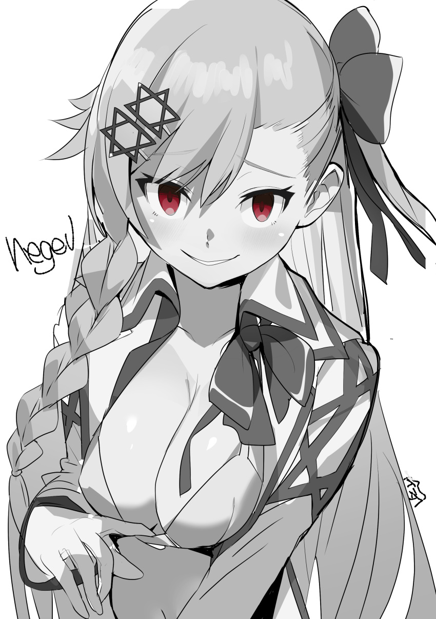 1girl absurdres asymmetrical_bangs asymmetrical_hair bow bowtie bra bra_tug braid breasts character_name cleavage commentary_request eyelashes girls'_frontline gloves greyscale hair_between_eyes hair_bow hair_ornament hairclip hexagram highres jacket long_bangs long_hair long_sleeves looking_at_viewer medium_breasts monochrome navel negev_(girls'_frontline) one_side_up open_clothes open_jacket parted_lips red_eyes side_braid single_braid sleeves_past_wrists smile solo spot_color star_of_david underwear undone_bowtie upper_body very_long_hair yamacchi