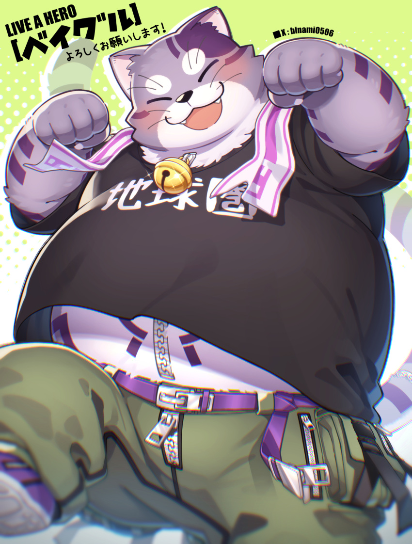 1boy :d animal_ears baggy_pants bell belt ben-day_dots big_belly black_shirt bygul_(live_a_hero) cat_boy cat_ears cat_tail closed_eyes crotch_zipper fangs fat furry furry_male green_pants grey_fur highres hinami_(ryuusei_potechi) live_a_hero male_focus midriff_peek neck_bell pants paw_pose pouch screentones shirt short_sleeves smile solo tail thigh_pouch twitter_username whiskers zipper