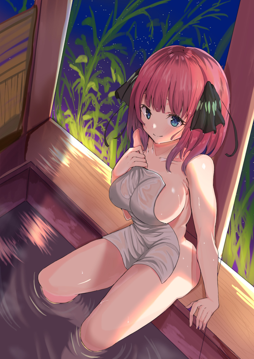 1girl absurdres black_ribbon blue_eyes blunt_bangs breasts butterfly_hair_ornament closed_mouth commentary_request covering_privates go-toubun_no_hanayome hair_ornament hair_ribbon highres holding holding_towel large_breasts looking_at_viewer medium_hair nakano_nino night night_sky nude_cover onsen pink_hair ribbon sideboob sitting sky smile solo star_(sky) starry_sky towel two_side_up watanuki_(0000861884) wet