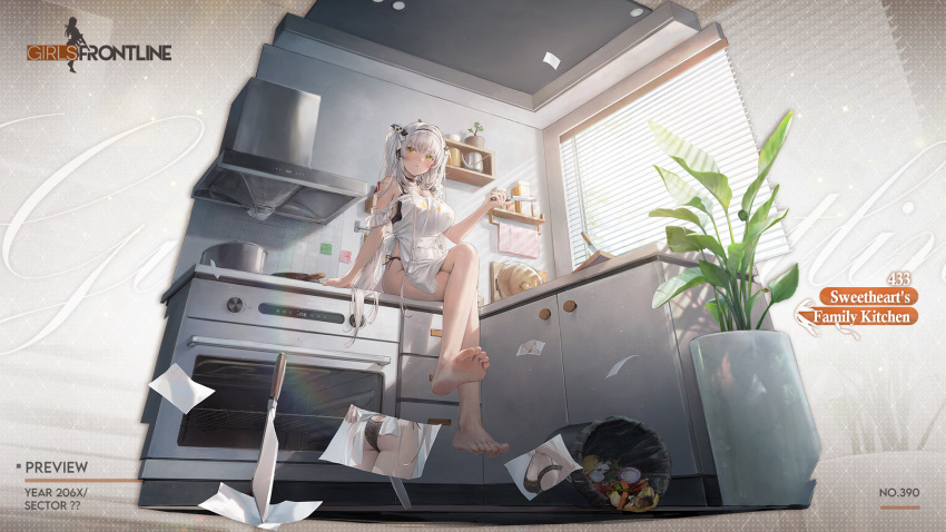1girl apron artist_request ass bare_legs black_bra black_panties bra breasts character_name choker cleavage cleaver closed_mouth commentary cooking_pot copyright_name crossed_legs english_commentary english_text feet full_body girls'_frontline green_eyes hair_ornament highres hk433_(girls'_frontline) hk433_(sweetheart's_family_kitchen)_(girls'_frontline) holding holding_knife indoors kitchen knife large_breasts long_hair looking_at_viewer nearly_naked_apron official_alternate_costume official_art on_counter oven panties photo_(object) plant potted_plant second-party_source shelf sitting soles solo toes trash trash_can twintails underwear very_long_hair white_apron white_hair window_blinds