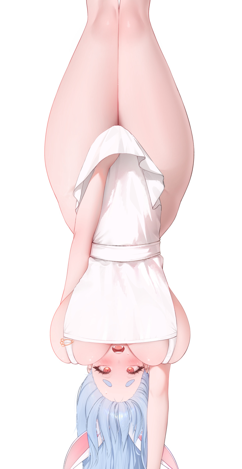 1girl absurdres animal_ears apron blue_hair blush breasts covering_privates handstand highres hololive large_breasts long_hair looking_at_viewer mature_female naked_apron open_mouth pekomama prab rabbit_ears rabbit_girl red_eyes simple_background solo virtual_youtuber white_background