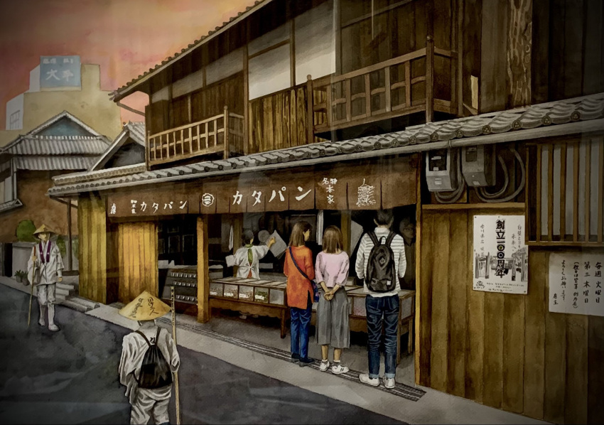 3girls 8wh6tfac31rka8d architecture balcony display display_case east_asian_architecture hat highres multiple_girls original painting_(medium) poster_(medium) road scenery shop straw_hat street street_gutter traditional_media wooden_wall