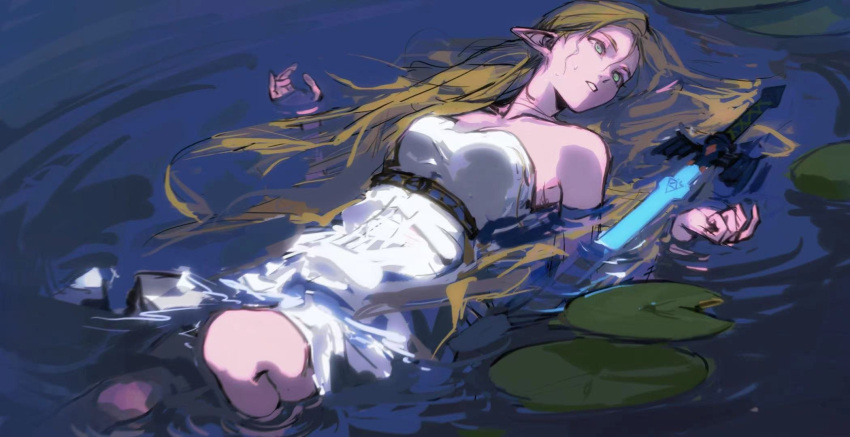 1girl bare_shoulders belt blonde_hair breasts colored_skin dress green_eyes highres ji_yuyun knee_up lily_pad long_hair lying master_sword medium_breasts on_back parted_lips partially_submerged pink_skin pointy_ears princess_zelda ripples solo strapless strapless_dress the_legend_of_zelda the_legend_of_zelda:_breath_of_the_wild water white_dress