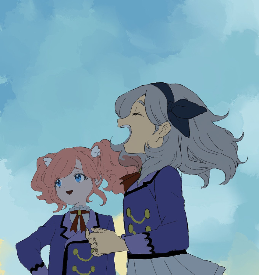 2girls aikatsu! aikatsu!_(series) amahane_madoka black_hairband blue_eyes blue_jacket blue_sky brooch closed_eyes cloud cloudy_sky commentary cowboy_shot floating_hair from_side grey_hair hairband hand_on_own_hip highres jacket jewelry kurosawa_rin_(aikatsu!) long_hair long_sleeves looking_to_the_side matching_outfits multicolored_hair multiple_girls neck_ribbon open_mouth osouzai-kun own_hands_clasped own_hands_together pink_hair pleated_skirt profile red_hair red_ribbon ribbon school_uniform shirt skirt sky smile streaked_hair symbol-only_commentary twintails white_shirt white_skirt wing_hair_ornament