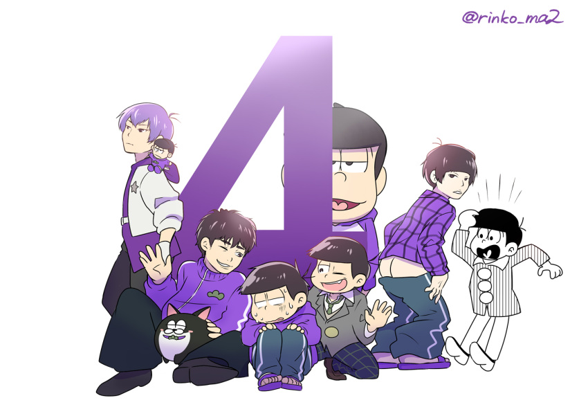 6+boys antenna_hair ass black_hair blanket blazer bowl_cut buttons character_doll child collared_shirt cosplay dog f6 green_necktie grey_jacket idol idol_clothes jacket male_focus mascot_costume matsu_symbol matsuno_ichimatsu mooning multiple_boys necktie notice_lines osomatsu-kun osomatsu-san peeking_out plaid plaid_jacket rinko_ma2 shirt surprised waving