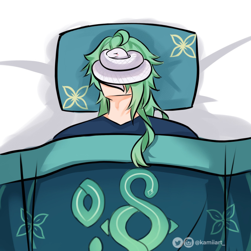 1boy artist_name baizhu_(genshin_impact) bed blanket blue_shirt genshin_impact green_hair highres instagram_logo instagram_username kamiiart pillow quilt shirt sitting_on_face sleeping snake twitter_logo twitter_username