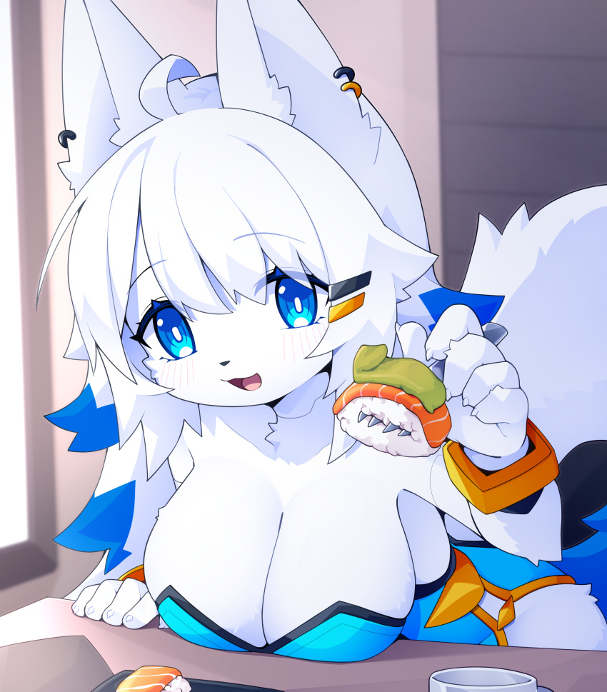 2024 5_fingers absurd_res ahoge anthro bella_(devil-vox) big_breasts blue_eyes blue_hair blush blush_lines breast_rest breasts canid canine canis claws cleavage clothed clothing cutlery devil-vox digital_media_(artwork) ear_piercing ear_ring female female_anthro finger_claws fingers food fork fur hair hi_res holding_object kemono kitchen_utensils looking_at_viewer mammal piercing rice ring_piercing solo sushi tail tools wasabi white_body white_fur white_hair wolf