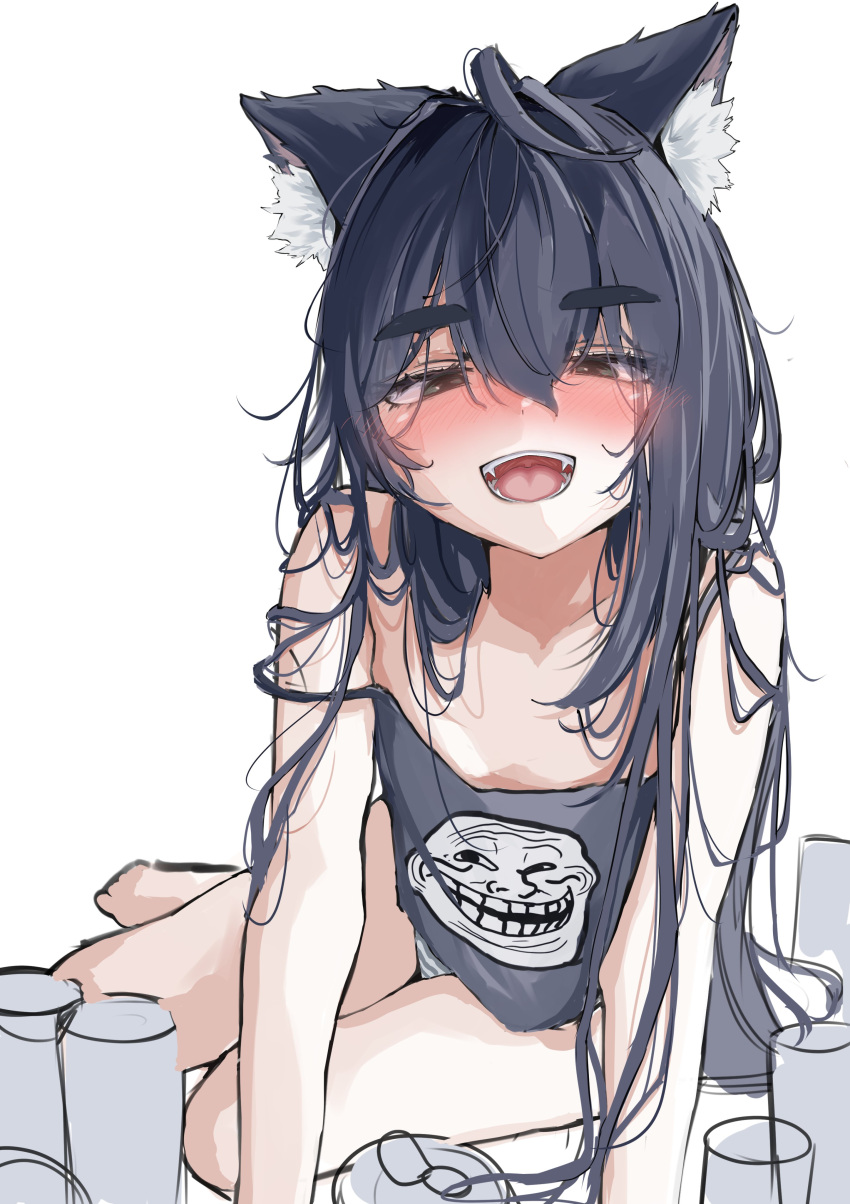 1girl :d absurdres ahoge animal_ear_fluff beer_can black_hair black_tank_top blush can cat_girl double-parted_bangs drink_can drunk hair_between_eyes highres long_hair looking_at_viewer off_shoulder original panties print_tank_top red_eyes sidelocks sitting smile strap_slip striped_clothes striped_panties tank_top teeth thick_eyebrows tongue troll_face underwear wwparasi yokozuwari