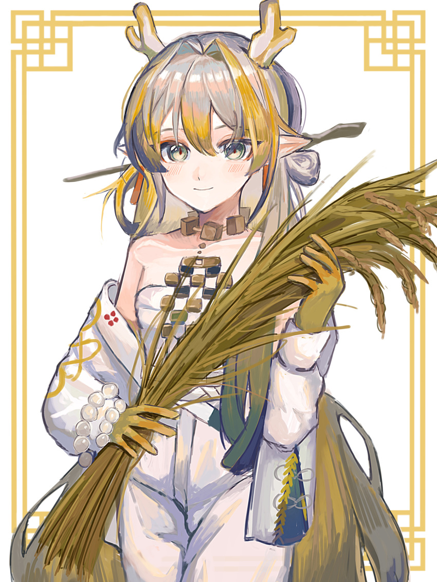 1girl absurdres arknights bare_shoulders beads blonde_hair border closed_mouth commentary_request cowboy_shot dragon_girl dragon_horns earrings grey_eyes grey_hair grey_horns hair_between_eyes hair_intakes hakaimoufu highres holding holding_plant horns jacket jewelry long_hair long_sleeves looking_at_viewer multicolored_hair necklace off_shoulder open_clothes open_jacket ornate_border pants plant pointy_ears sheaf shu_(arknights) simple_background smile solo standing very_long_hair wheat white_background white_jacket white_pants yellow_horns