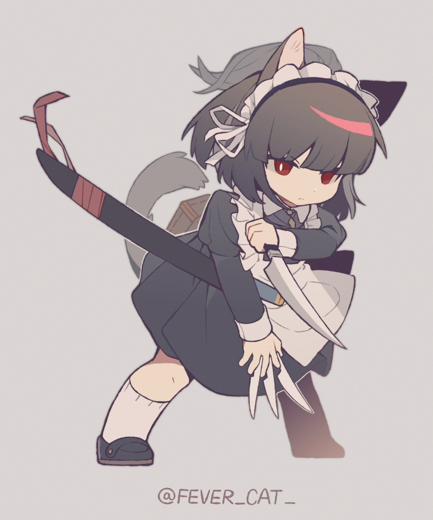 1girl animal_ears black_dress black_footwear black_hair cat_ears cat_tail dagger dress fevercat full_body half_updo highres holding holding_dagger holding_knife holding_weapon juliet_sleeves knife limbus_company long_sleeves looking_at_viewer maid maid_headdress medium_hair project_moon puffy_sleeves red_eyes ryoshu_(project_moon) sheath sheathed shoes socks solo tail weapon white_socks