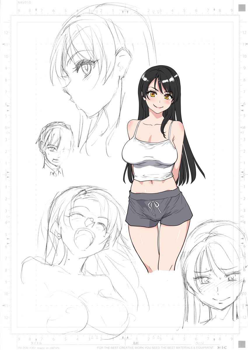 1boy 1girl absurdres arms_behind_back black_hair blush breasts camisole cleavage commentary_request cropped_legs grey_shorts highres large_breasts long_hair open_mouth original shiwasu_no_okina shorts sketch smile white_camisole yellow_eyes