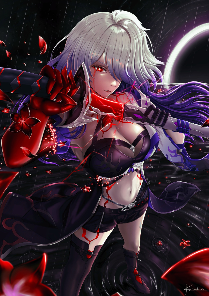 1girl absurdres acheron_(honkai:_star_rail) armor asymmetrical_footwear belt black_belt black_coat black_gloves black_hole black_shorts blood blood_from_eyes body_markings breasts bright_pupils cleavage coat coattails flower gloves hair_over_one_eye highres holding holding_sword holding_weapon honkai:_star_rail honkai_(series) kanchime_sora katana looking_at_viewer markings midriff multicolored_hair navel official_alternate_color parted_lips petals purple_hair rain red_eyes red_flower scabbard sheath shorts shoulder_armor signature single_glove solo sword thighs unsheathing wading water weapon white_hair white_pupils
