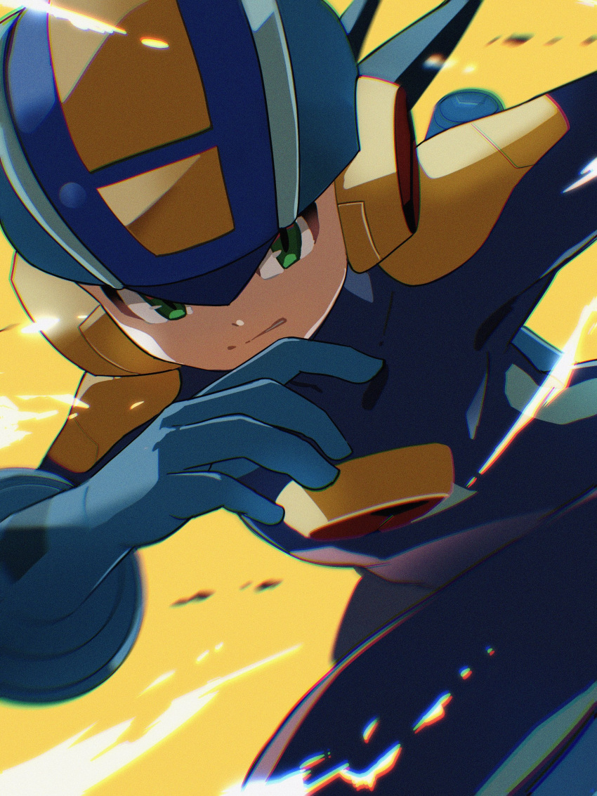 1boy 3suisousui absurdres blue_bodysuit blue_helmet bodysuit emblem green_eyes helmet highres mega_man_(series) mega_man_battle_network_(series) megaman.exe netnavi solo spiked_hair yellow_background