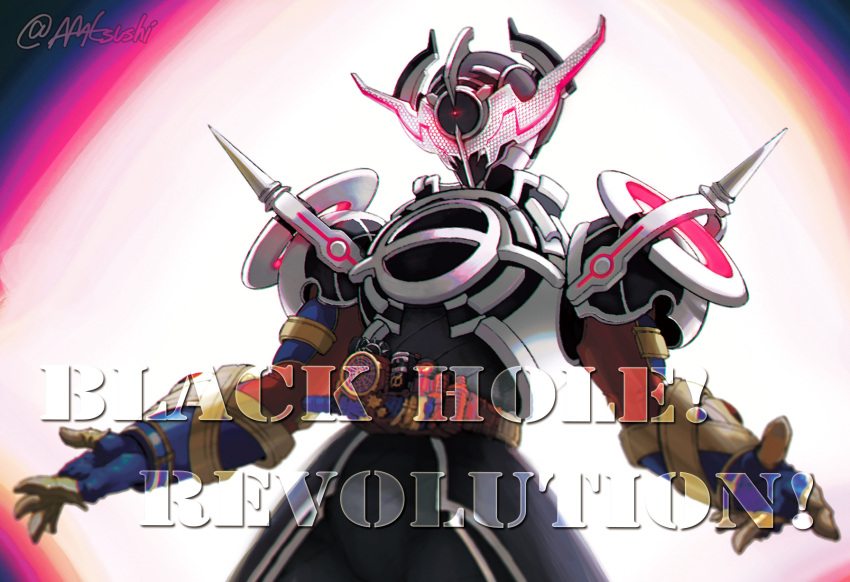 1boy aaatsushi armor bodysuit evol_blackhole evol_driver evol_trigger evolto fullbottle gold_gloves highres kamen_rider kamen_rider_build_(series) kamen_rider_evol male_focus neon_trim outstretched_hand red_bodysuit science_fiction starry_background tokusatsu upper_body white_armor