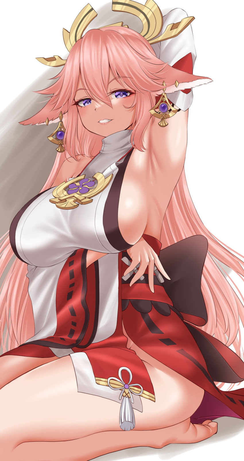 1girl absurdres animal_ears armpits artist_name barefoot breasts commentary detached_sleeves feet fox_ears genshin_impact hair_ornament half-closed_eyes hiep_studio highres large_breasts long_hair long_sleeves looking_at_viewer patreon_logo patreon_username pink_hair presenting_armpit purple_eyes revision sideboob sleeveless soles solo thighs toes yae_miko