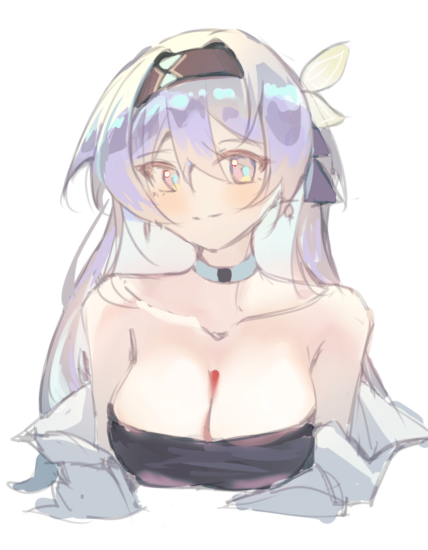 1girl absurdres bare_shoulders black_hairband breasts choker cleavage commentary firefly_(honkai:_star_rail) grey_eyes grey_hair hairband highres honkai:_star_rail honkai_(series) hua_(yijing) long_hair looking_at_viewer medium_breasts off_shoulder smile solo strapless tube_top upper_body