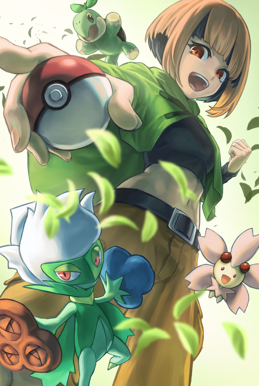 1girl :d absurdres belt black_belt black_hair black_shirt capelet cherrim cherrim_(sunshine) clenched_hand commentary_request cropped_shirt eyelashes falling_leaves gardenia_(pokemon) green_capelet highres holding holding_poke_ball leaf looking_down mayagi_(mayagi61) midriff multicolored_hair navel open_mouth poke_ball poke_ball_(basic) pokemon pokemon_(creature) pokemon_dppt roserade shirt shorts smile teeth tongue turtwig two-tone_hair upper_teeth_only