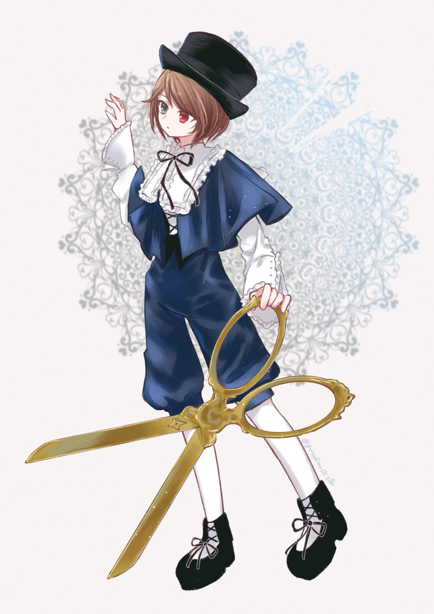 1girl brown_hair full_body green_eyes hat heterochromia highres holding holding_scissors kodona lolita_fashion pine_(pineapple5459) porkpie_hat red_eyes rozen_maiden scissors short_hair shorts solo souseiseki