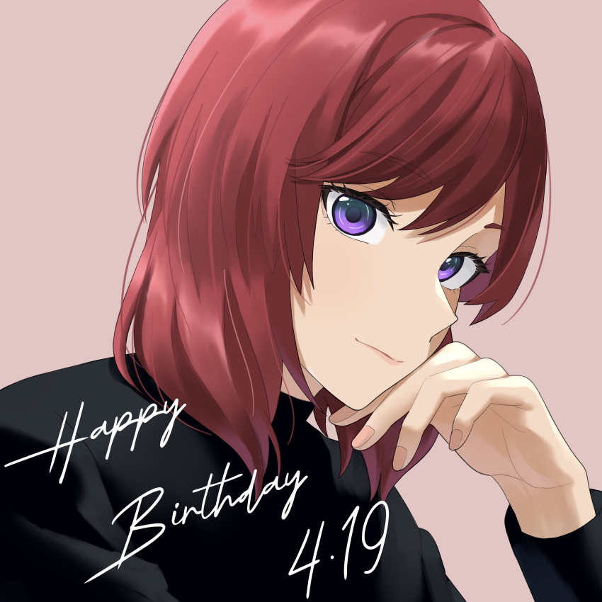 1girl absurdres black_shirt closed_mouth commentary_request dated hand_on_own_chin happy_birthday highres long_sleeves looking_at_viewer love_live! love_live!_school_idol_project nishikino_maki pink_background portrait purple_eyes red_hair s_sho_mkrn shirt short_hair solo swept_bangs upper_body