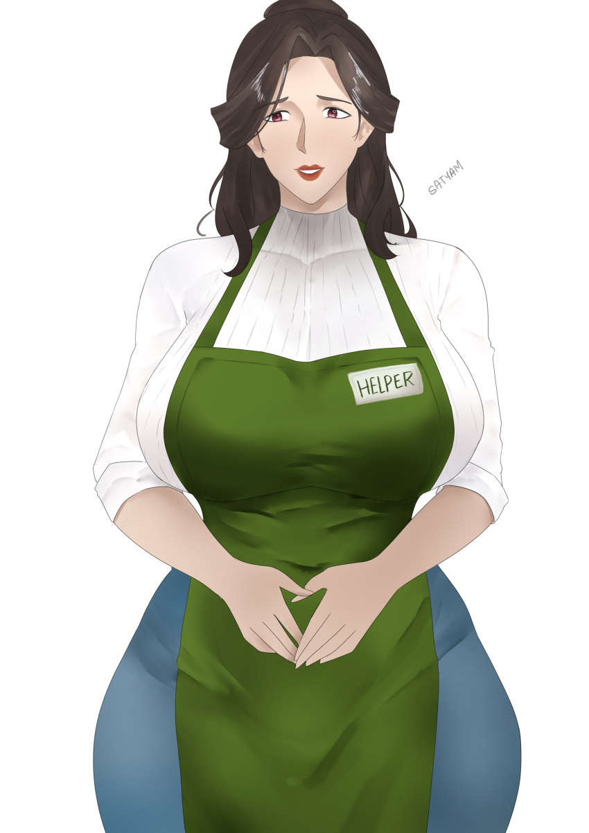 absurdres apron artist_name brown_hair highres looking_at_viewer makeup mature_female merchant original self-upload shirt sweater turtleneck turtleneck_sweater white_shirt