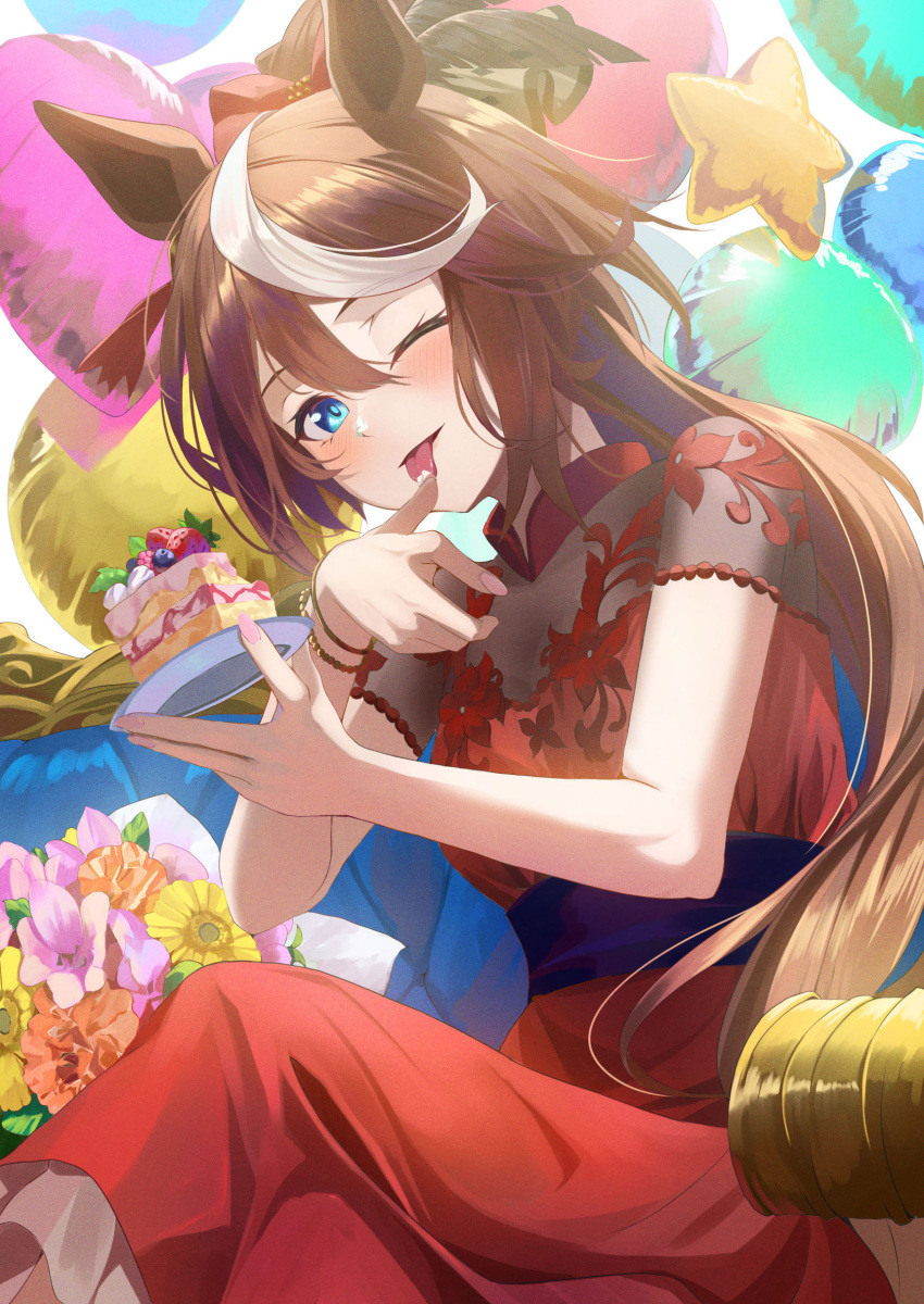 1girl absurdres alternate_costume alternate_hairstyle animal_ears balloon blue_eyes blush bouquet bow breasts brown_hair cake chakuma_(yiyh1468) commentary_request crossed_legs dress feet_out_of_frame flower food hair_between_eyes highres holding holding_plate horse_ears horse_girl horse_tail licking licking_finger long_hair looking_at_viewer medium_breasts multicolored_hair one_eye_closed plate red_bow red_dress sitting smile solo streaked_hair tail tokai_teio_(umamusume) umamusume very_long_hair white_hair