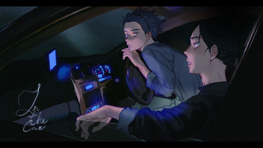 2boys adam's_apple arm_rest bags_under_eyes black_shirt boku_no_hero_academia car_interior english_text eraser_head_(boku_no_hero_academia) glowing grey_shirt highres long_sleeves male_focus multiple_boys open_window oru_2ji parted_lips purple_hair shinsou_hitoshi shirt short_hair sparse_stubble window