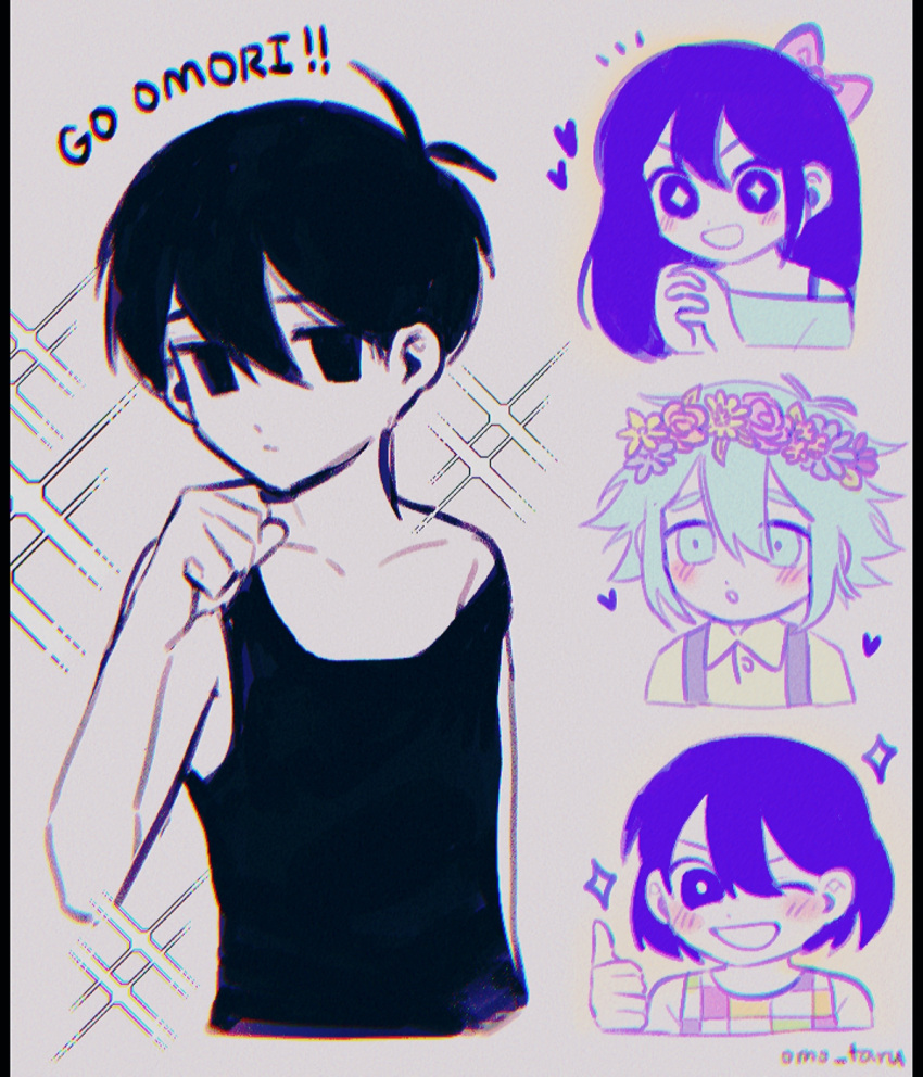 1girl 3boys antenna_hair arm_at_side artist_name aubrey_(headspace)_(omori) aubrey_(omori) bare_arms basil_(headspace)_(omori) basil_(omori) black_eyes black_hair black_tank_top blush bow bright_pupils buttons clenched_hand closed_mouth collarbone collared_shirt colored_skin cropped_torso english_text flower_wreath green_eyes green_hair green_shirt grin hair_behind_ear hair_between_eyes hair_bow hand_up head_wreath heart highres kel_(headspace)_(omori) kel_(omori) leaf long_hair looking_at_another looking_to_the_side multiple_boys no_pupils omo_taru omori omori_(omori) one_eye_closed open_mouth overalls own_hands_together parted_lips pink_bow purple_eyes purple_hair shirt short_hair smile sparkle strap_slip tank_top thumbs_up upper_body v-shaped_eyebrows white_background white_pupils white_skin