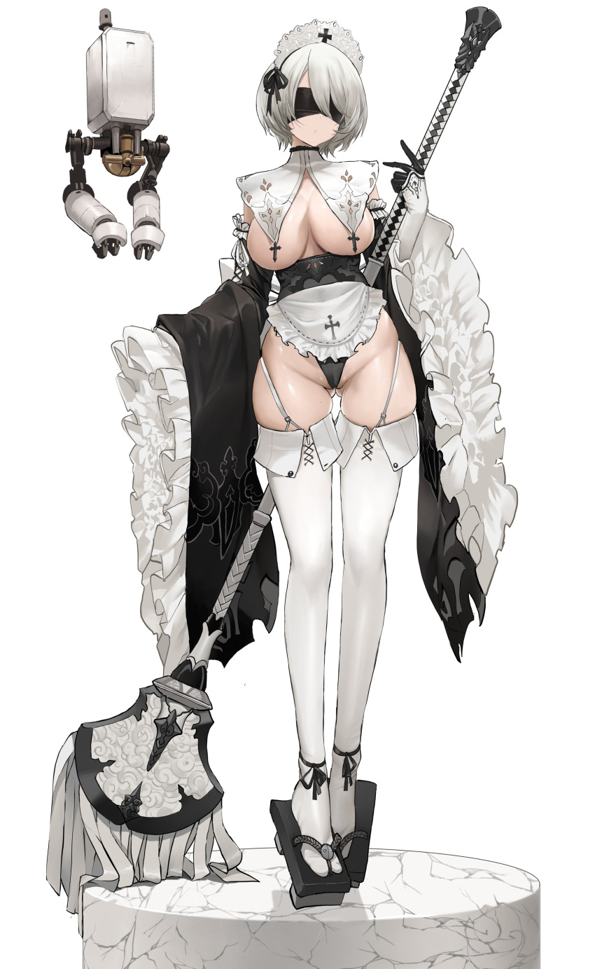 1girl 2b_(nier:automata) absurdres apron ass_visible_through_thighs black_blindfold black_bow black_footwear black_gloves black_leotard black_ribbon blindfold bow bowtie breast_curtains breasts cameltoe closed_mouth covered_eyes cross detached_sleeves dishwasher1910 drone english_text floating floral_background frilled_apron frilled_sleeves frills full_body garter_straps geta gloves highres holding holding_mop large_breasts leotard long_legs long_sleeves maid maid_headdress marble_(stone) mop nier:automata nier_(series) no_bra non-humanoid_robot parted_bangs partially_visible_vulva pod_(nier:automata) revealing_clothes ribbon robot science_fiction short_hair skindentation sleeves_past_fingers sleeves_past_wrists standing tabi thighhighs thighs waist_apron weapon white_apron white_hair white_ribbon white_thighhighs wide_sleeves