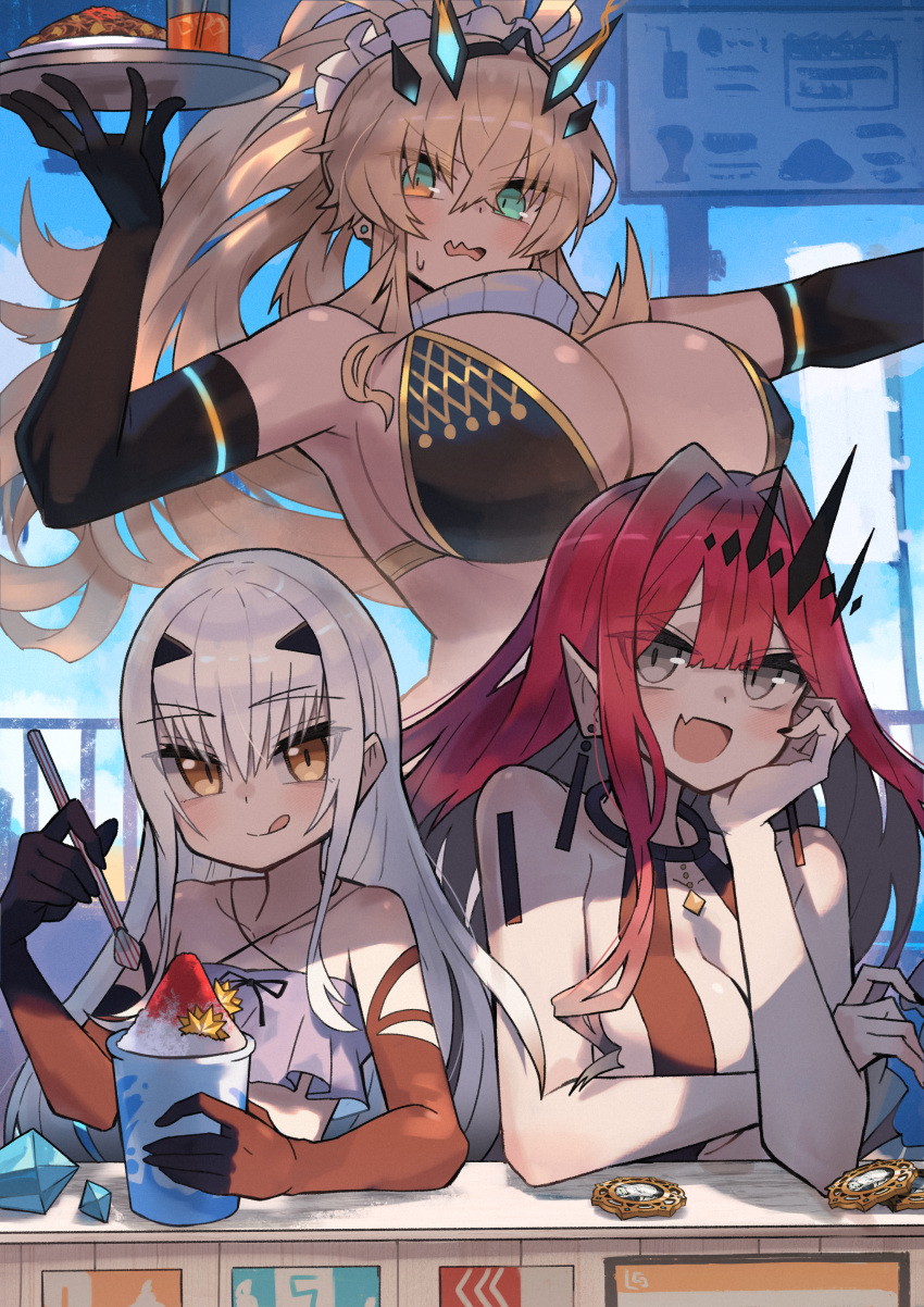 3girls absurdres baobhan_sith_(fate) bare_shoulders barghest_(fate) barghest_(ice_warrior)_(fate) bikini black_bikini black_gloves blonde_hair breasts cleavage cup earrings elbow_gloves fate/grand_order fate_(series) food forked_eyebrows gloves gold_trim green_eyes grey_eyes hair_ornament hair_scrunchie high_ponytail highres horns jewelry katsu_(katsupainter) large_breasts licking_lips long_hair looking_at_viewer melusine_(fate) multiple_girls open_mouth pink_hair pointy_ears scarf scrunchie shaved_ice sidelocks small_breasts smile spoon swimsuit tiara tongue tongue_out tray white_bikini white_hair white_scarf yellow_eyes