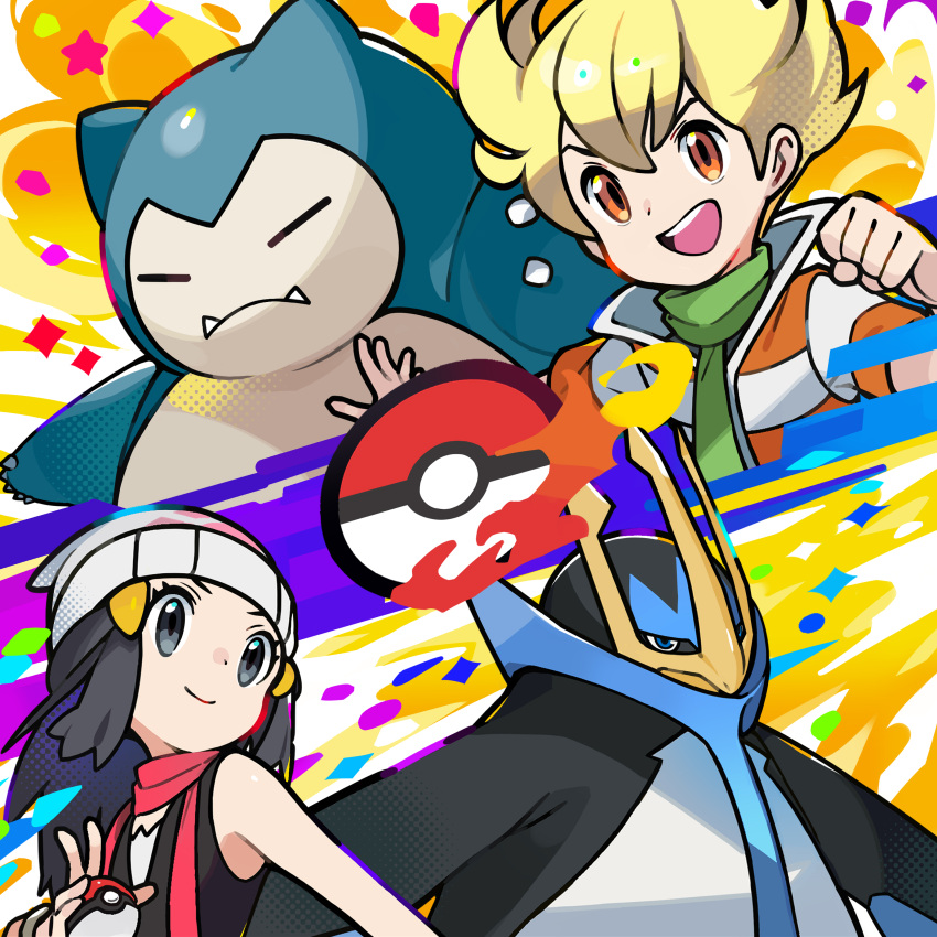 1boy 1girl absurdres barry_(pokemon) beak black_hair black_shirt blonde_hair blue_eyes bracelet claws clenched_hand collared_shirt commentary dawn dawn_(pokemon) empoleon fangs green_scarf grey_eyes highres holding holding_poke_ball jewelry long_hair looking_at_another multicolored_background official_art open_hand open_mouth orange_eyes pink_scarf poke_ball poke_ball_(basic) poke_ball_print poke_ball_symbol pokemon pokemon_(creature) pokemon_dppt print_headwear scarf shirt sleeveless sleeveless_shirt smile snorlax striped_clothes striped_shirt teeth tongue upper_teeth_only white_hat