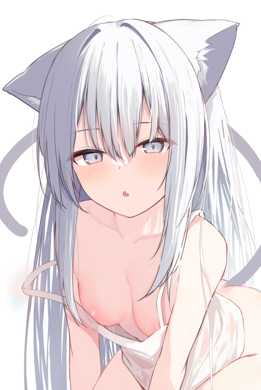 1girl :o absurdres animal_ears blush breasts camisole cat_ears cat_girl cat_tail collarbone fang grey_eyes highres long_hair looking_at_viewer memekko original parted_lips simple_background skin_fang small_breasts solo tail white_background white_camisole white_hair