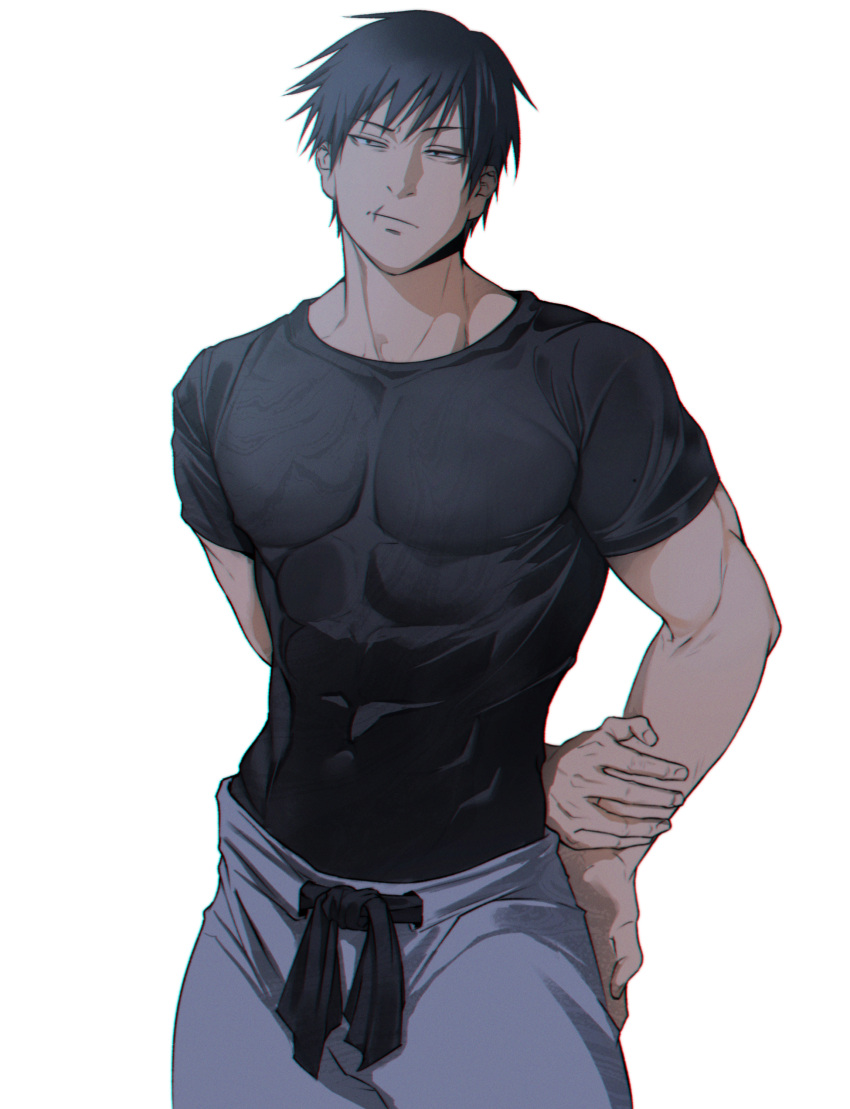 1boy abs absurdres arms_behind_back black_hair black_shirt ceo_aneki closed_mouth commentary cowboy_shot fushiguro_touji highres jujutsu_kaisen male_focus muscular muscular_male pants scar scar_on_face scar_on_mouth shirt short_hair simple_background solo t-shirt white_background white_pants