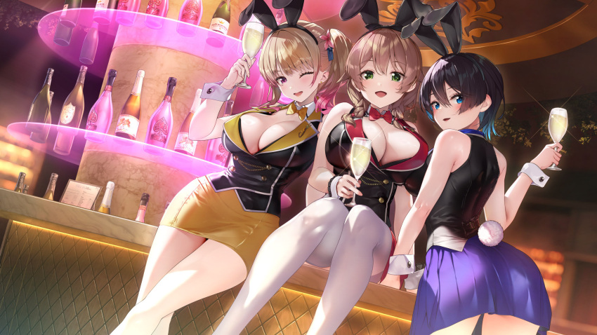 3girls alcohol animal_ears bar_(place) black_hair blonde_hair blue_eyes blue_hair blue_skirt blurry blush bottle bow bowtie braid breasts brown_hair bunny_garden buttons cleavage counter cup depth_of_field double-breasted drinking_glass fake_animal_ears fake_tail flower gradient_hair green_eyes hair_flower hair_ornament hair_over_shoulder head_tilt highres huge_breasts indoors kana large_breasts long_hair looking_at_viewer miniskirt miuka(bunny_garden) multicolored_hair multiple_girls official_art on_counter one_eye_closed open_mouth pencil_skirt photoshop_(medium) pink_eyes pink_hair playboy_bunny pleated_skirt rabbit_ears rabbit_tail red_bow red_bowtie red_skirt rin_(bunny_garden) short_hair side_ponytail sitting skirt standing tail thighhighs twin_braids two-tone_hair vest white_thighhighs wrist_cuffs yellow_bow yellow_bowtie yellow_skirt