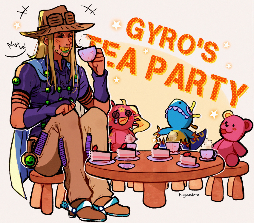 1boy absurdres artist_name blonde_hair boots cake character_doll commentary cowboy_boots cowboy_hat cup english_commentary facial_hair food gloves goggles goggles_on_headwear gold_teeth green_lips grin gyro_zeppeli hat highres holster huyandere jojo_no_kimyou_na_bouken long_hair male_focus plate scary_monsters_(stand) signature single_glove sitting smile solo steam steel_ball_(jojo) steel_ball_run stool stuffed_animal stuffed_dinosaur stuffed_toy table tea_party teacup teddy_bear tusk_(stand) tusk_act1