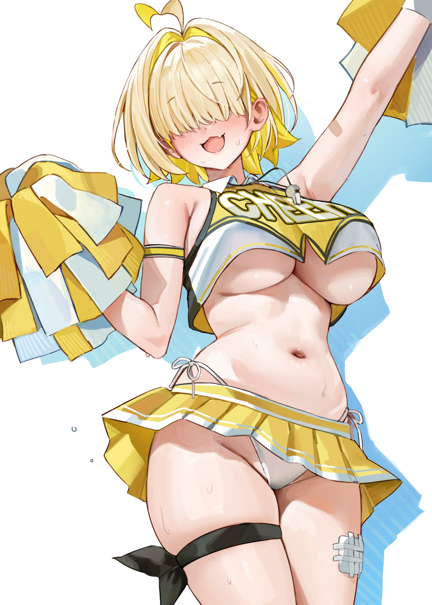 1girl absurdres arm_up armband bandaged_leg bandages blonde_hair blush breasts cheerleader clothes_writing colored_inner_hair commentary cowboy_shot crop_top elegg_(nikke) goddess_of_victory:_nikke gompang_11 green_hair hair_over_eyes highres holding holding_pom_poms large_breasts long_bangs microskirt multicolored_hair navel nose_blush open_mouth panties pom_pom_(cheerleading) short_hair side-tie_panties simple_background skirt solo stomach sweat thigh_strap underboob underwear whistle whistle_around_neck white_background white_panties yellow_skirt
