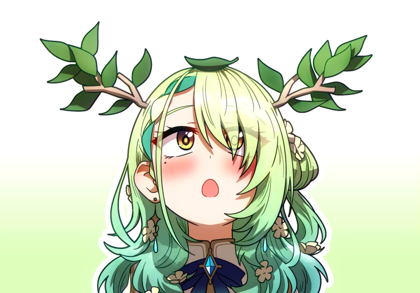 1girl :o branch ceres_fauna ceres_fauna_(1st_costume) ddolbang earrings flower gradient_background green_hair hair_flower hair_ornament hololive hololive_english jewelry leaf leaf_on_head long_hair mole mole_under_eye virtual_youtuber yellow_eyes