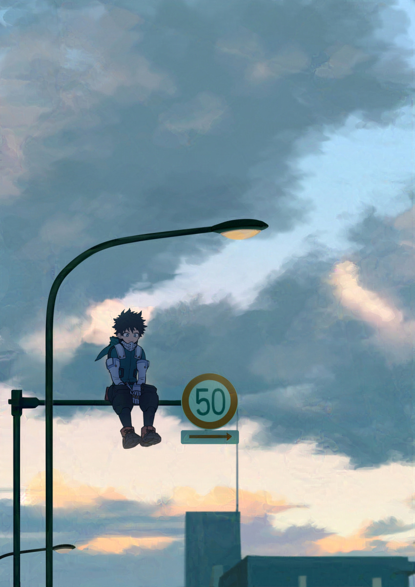 1boy bandana black_footwear black_hair black_pants blue_bandana blue_shirt blue_sky boku_no_hero_academia building closed_mouth cloud cloudy_sky dangling day elbow_gloves evening freestyle18 gloves green_eyes highres lamppost long_sleeves looking_down male_focus midoriya_izuku outdoors pants road_sign scenery shirt shoes short_hair sidelocks sign sitting sky smile solo white_gloves wide_shot