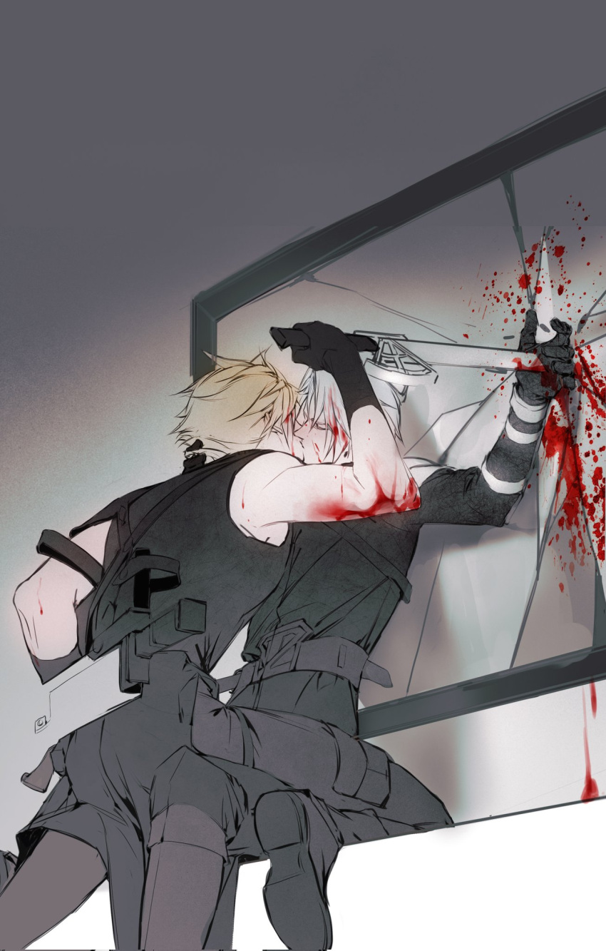 2boys aged_down arm_up battle belt black_coat black_footwear black_gloves black_pants black_tank_top blonde_hair blood blood_in_hair blood_on_face blood_on_mirror blood_on_wall boots broken_mirror closed_eyes cloud_strife coat crack final_fantasy final_fantasy_vii final_fantasy_vii_advent_children final_fantasy_vii_ever_crisis gloves grey_hair highres holding holding_sword holding_weapon holster in-franchise_crossover injury kiss knee_boots kneeling leaning_forward male_focus mirror multiple_boys pants pinned rucck2 scabbard sephiroth sheath short_hair sitting stab sword sword_on_back tank_top toned toned_male waist_cape weapon weapon_on_back yaoi