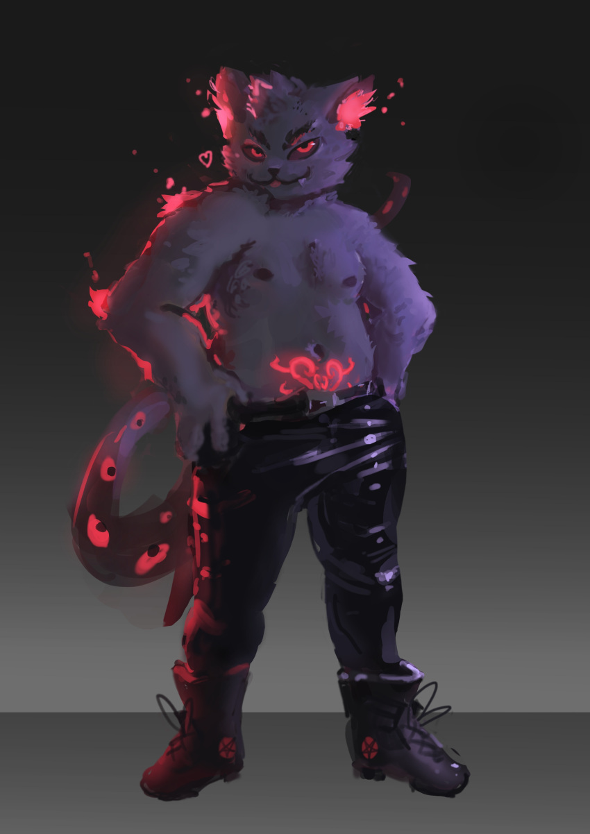 absurd_res anthro belly_tattoo clothing fan_character footwear glowing hazbin_hotel hi_res inner_ear_fluff latex latex_clothing latex_legwear legwear male mammal nipples purple_body red_eyes shirtless shoes slightly_chubby solo stardustflower tail tail_with_eyes tattoo tuft