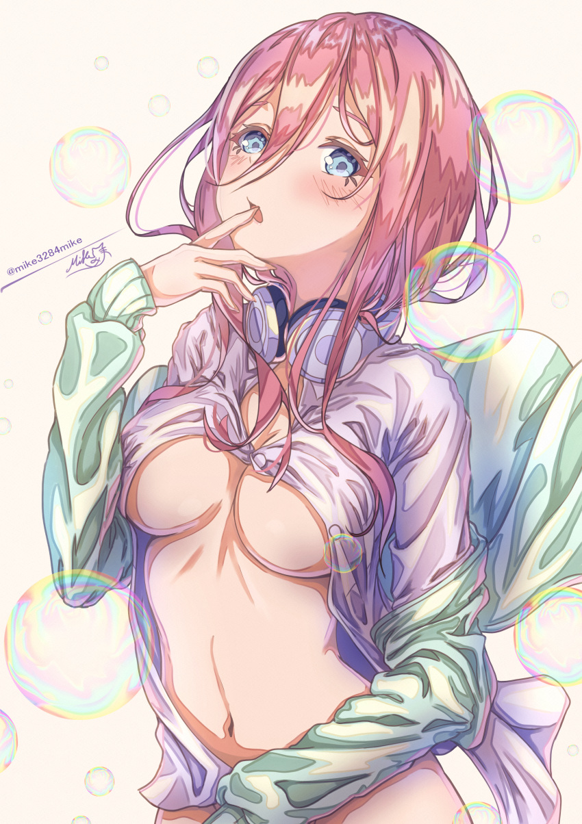 1girl absurdres air_bubble blue_cardigan blue_eyes breasts brown_hair bubble cardigan commentary_request convenient_arm finger_in_own_mouth go-toubun_no_hanayome headphones headphones_around_neck highres large_breasts long_hair long_hair_between_eyes long_sleeves looking_at_viewer mike3284 nakano_miku navel open_cardigan open_clothes open_mouth partially_unbuttoned shirt signature simple_background solo twitter_username underboob white_shirt